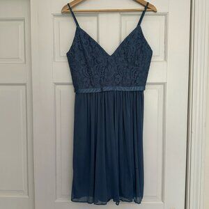 6 Steel Blue David's Bridal Cocktail Length Bridesmaid Dress